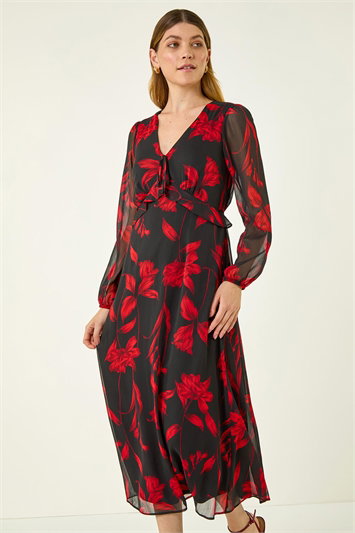 Floral Frill Chiffon Midi Dress 14808378