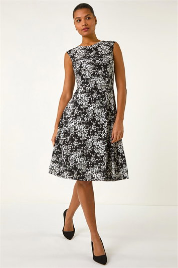 Black Floral Puff Print Gathered Stretch Midi Dress