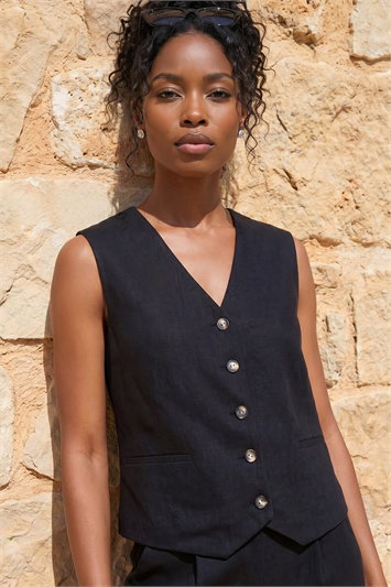Black Linen Blend Button Through Waistcoat