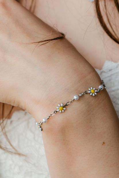 Metallic Sunflower Pearl Charm Beaded Boho Bracelet