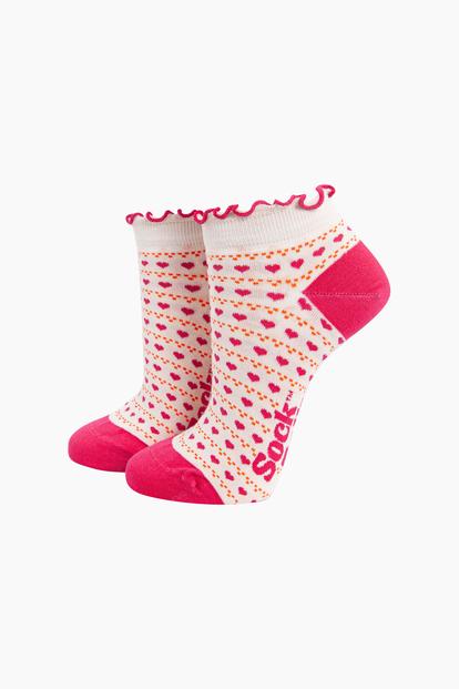 Cream Love Heart Striped Bamboo Trainer Socks In Pink
