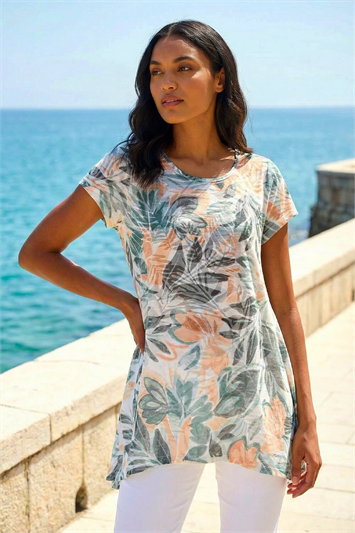 Green Leaf Print Hanky Hem Tunic Top