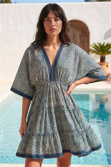 Blue Geometric Contrast Tiered Dress