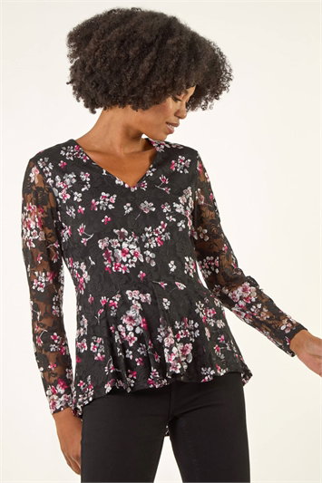 Black Printed Mesh V-Neck Top