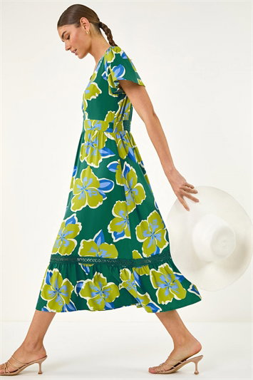 Green Floral Print Lace Trim Midi Dress
