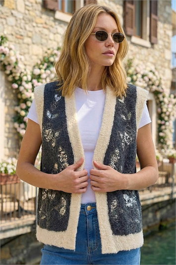 Black Fur Trim Embroidered Knit Waistcoat