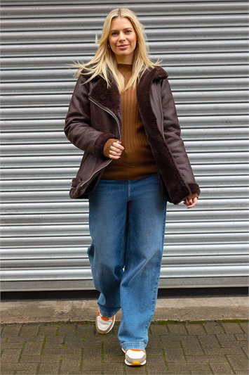 Faux Fur Lined Zip Detail Aviator Jacket 12010319