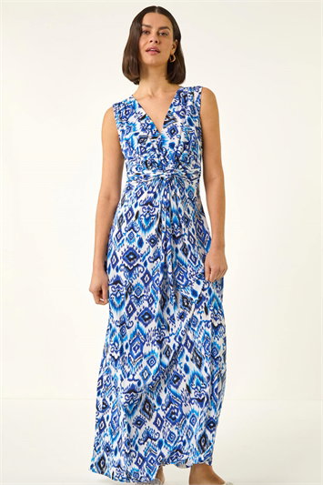 Blue Aztec Print Twist Front Maxi Dress