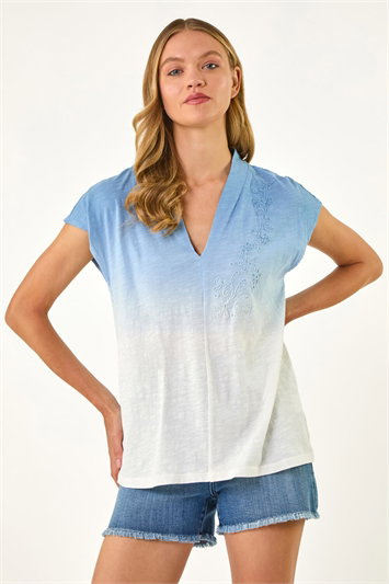 Blue Dip Dye Embroidered Top