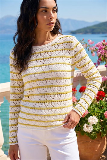 White Stripe Pointelle Knit Jumper