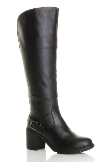 Black High Block Heel Chunky Biker Knee High Boots