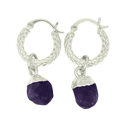 Metallic Raw Amethyst February Birthstone Huggie Hoops Sterling Silver Gemstone Earrings