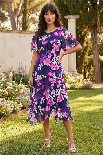 Blue Floral Chiffon Frill Asymmetric Midi Dress