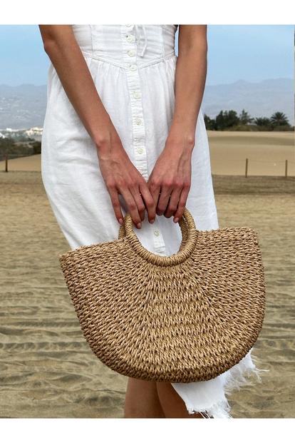 Brown Round Woven Straw Holdall With Circular Handle