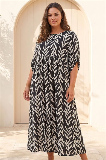 Black Curve Leaf Print Woven Dress