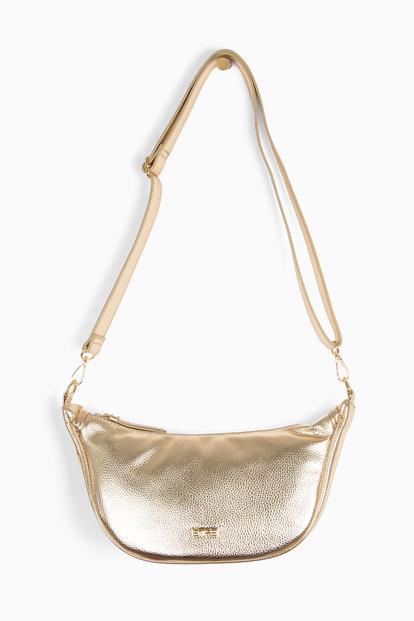 Pink Metallic Faux Leather Half Moon Crossbody Bag