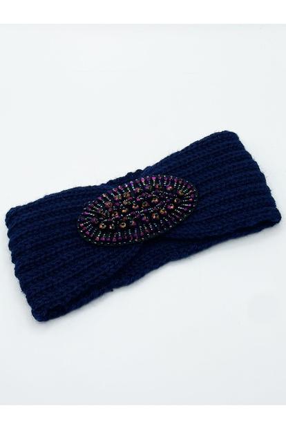 Blue Knit Headband With Purple Jewel