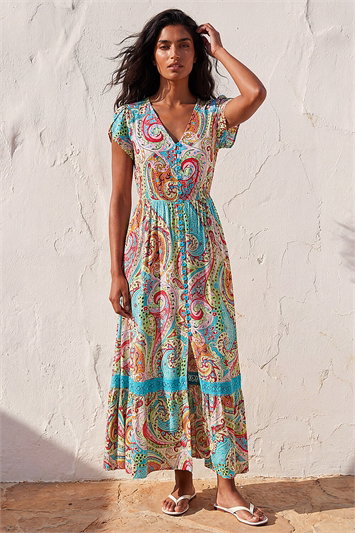 Blue Paisley Print Shirred Waist Maxi Dress