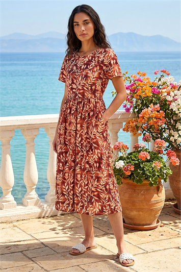 Brown Leaf Print Smock Midi Dress