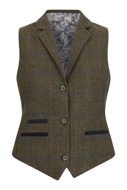 Green Olive Tweed Herringbone Check Waistcoat