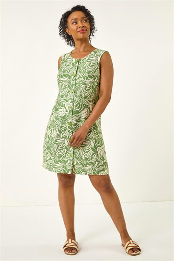 Petite Leaf Print Buttoned A-Line Dress 14748334