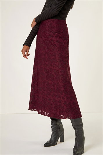 Red Floral Textured A-Line Skirt