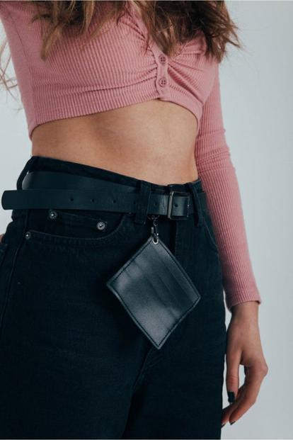 Black Pu Leather Belt With Dettachable Card Holder