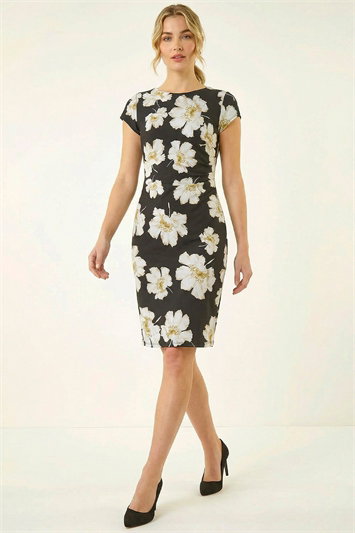 Black Floral Gathered Shift Dress
