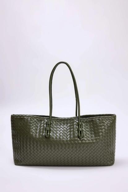 Green Women's Woven Shoulder Bag With Intrecciato Pattern
