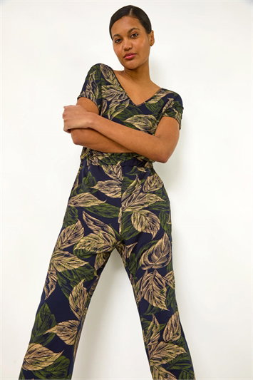 Blue Leaf Print V-Neck Jumpsuit