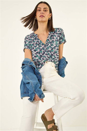 Green Textured Floral Print Top