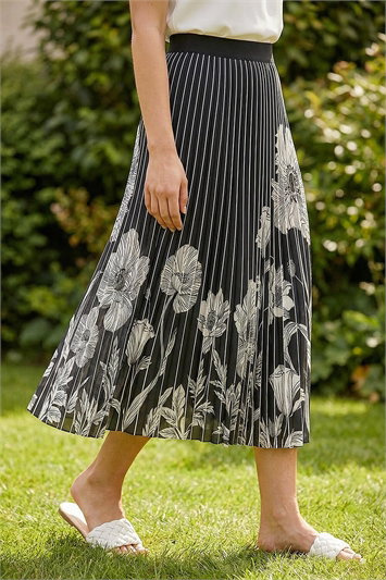 Black Floral Print Pleated Midi Skirt