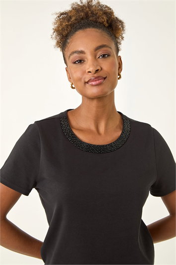 Black Beaded Neck T-Shirt
