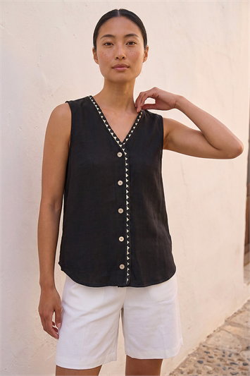 Black Petite V-Neck Trim Detail Top