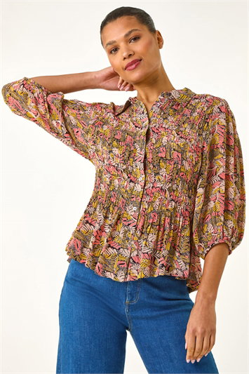 Shirred Printed Front Button Up Blouse 10140614