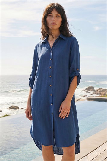 Blue Back Lace Button Shirt Dress