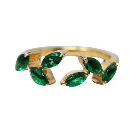 Metallic Open Leaf Emerald Gemstone May Birthstone Gold Vermeil Ring