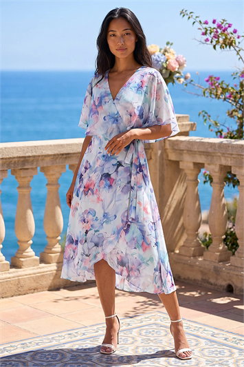 Petite Floral Tie Front Cape Dress 14846509