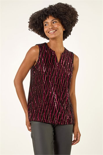 Pink Sequin Velvet Notch Neck Top