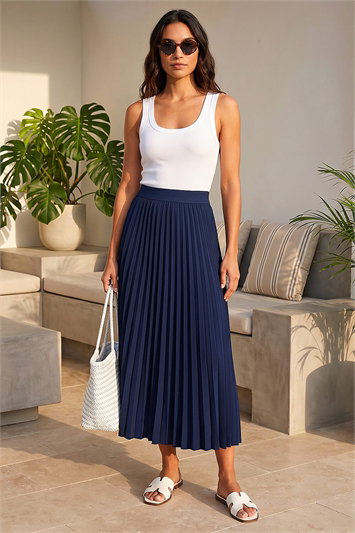 Blue Pleated Elastic Waist Maxi Stretch Skirt