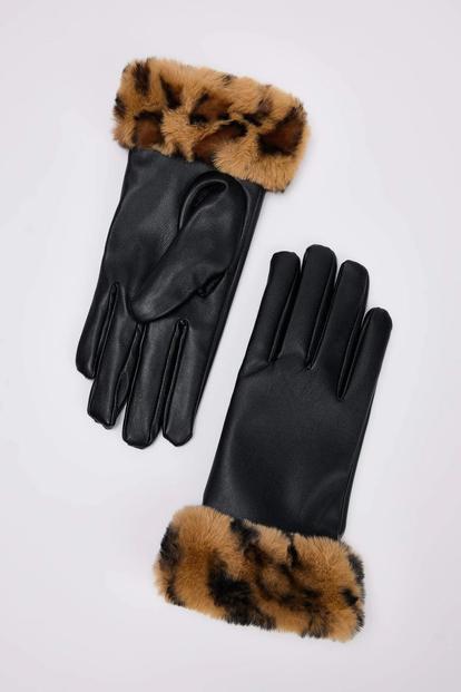 Black Leopard Faux Fur Cuff Faux Leather Winter Gloves