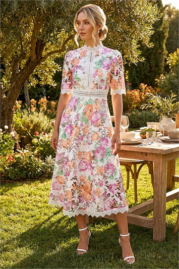 White Floral Lace Midi Dress