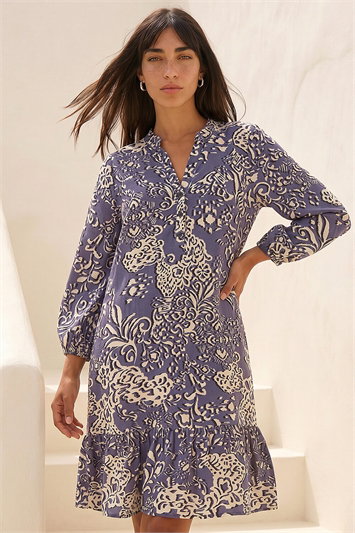 Grey Petite Abstract Print Tiered Dress
