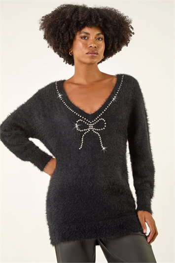 Black Fluffy Sparkly Bow Knit Jumper