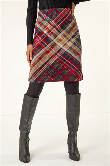 Red Check Print Stretch Pencil Skirt