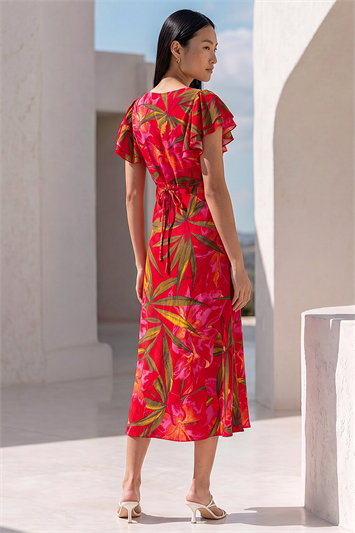 Leaf Print Frill Midi Dress 14707778