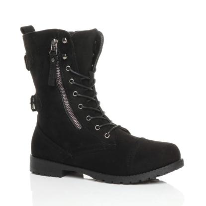 Black Lace Up Zips Military Biker Ankle Boots