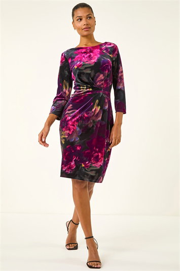 Pink Rose Print Velvet Twist Stretch Dress