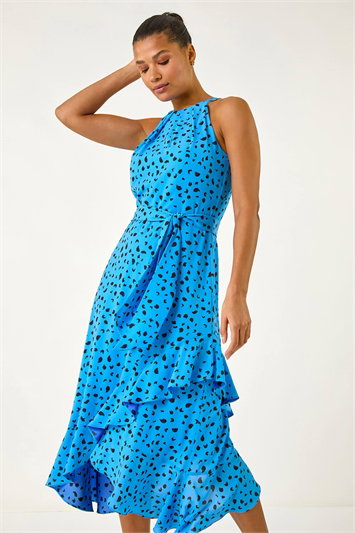 Blue Spot Print Frill Hem Halter Neck Dress
