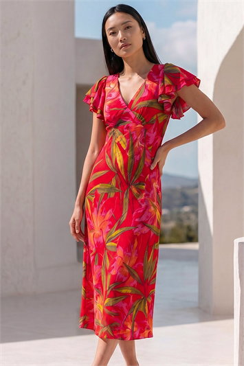 Red Leaf Print Frill Midi Dress